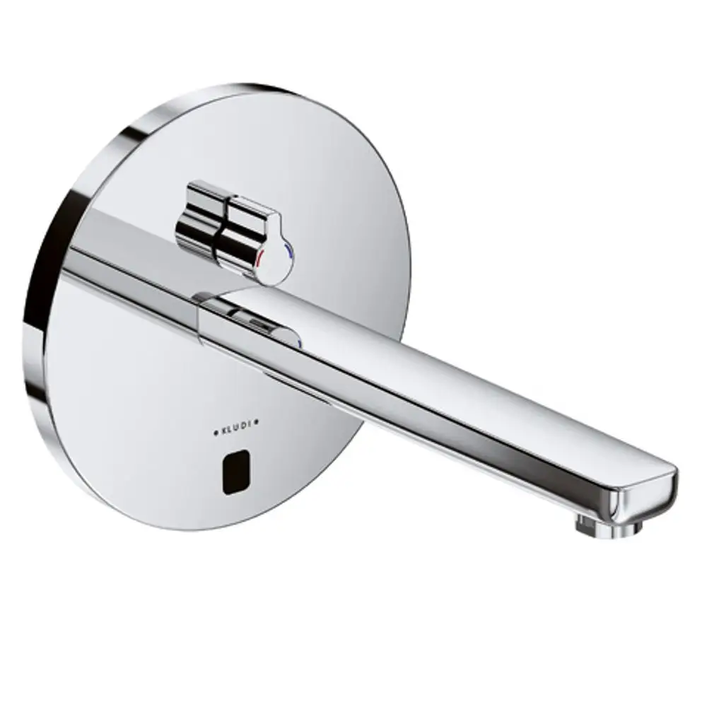 Wandarmatur in Chrom-Optik mit Mischhebel von Kludi. Die Armatur hat eine runde Grundfläche und einen langen, geraden Auslauf.